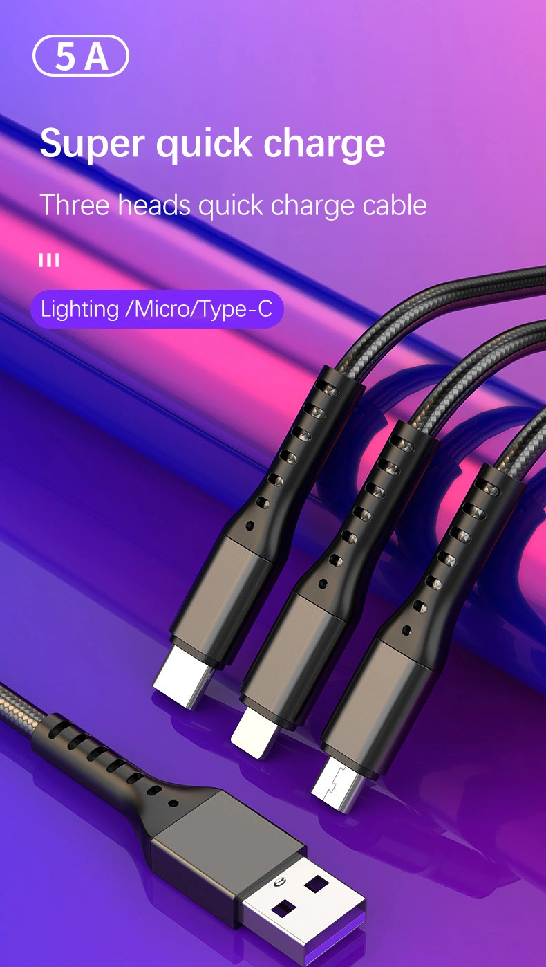 Durable Degradable Durable Materials USB2.0 High-End 3 in 1 USB Cable Charger Data Lightning Micro Type-C Cable for iPhone Samsung Vivo Mobile Phone MacBook