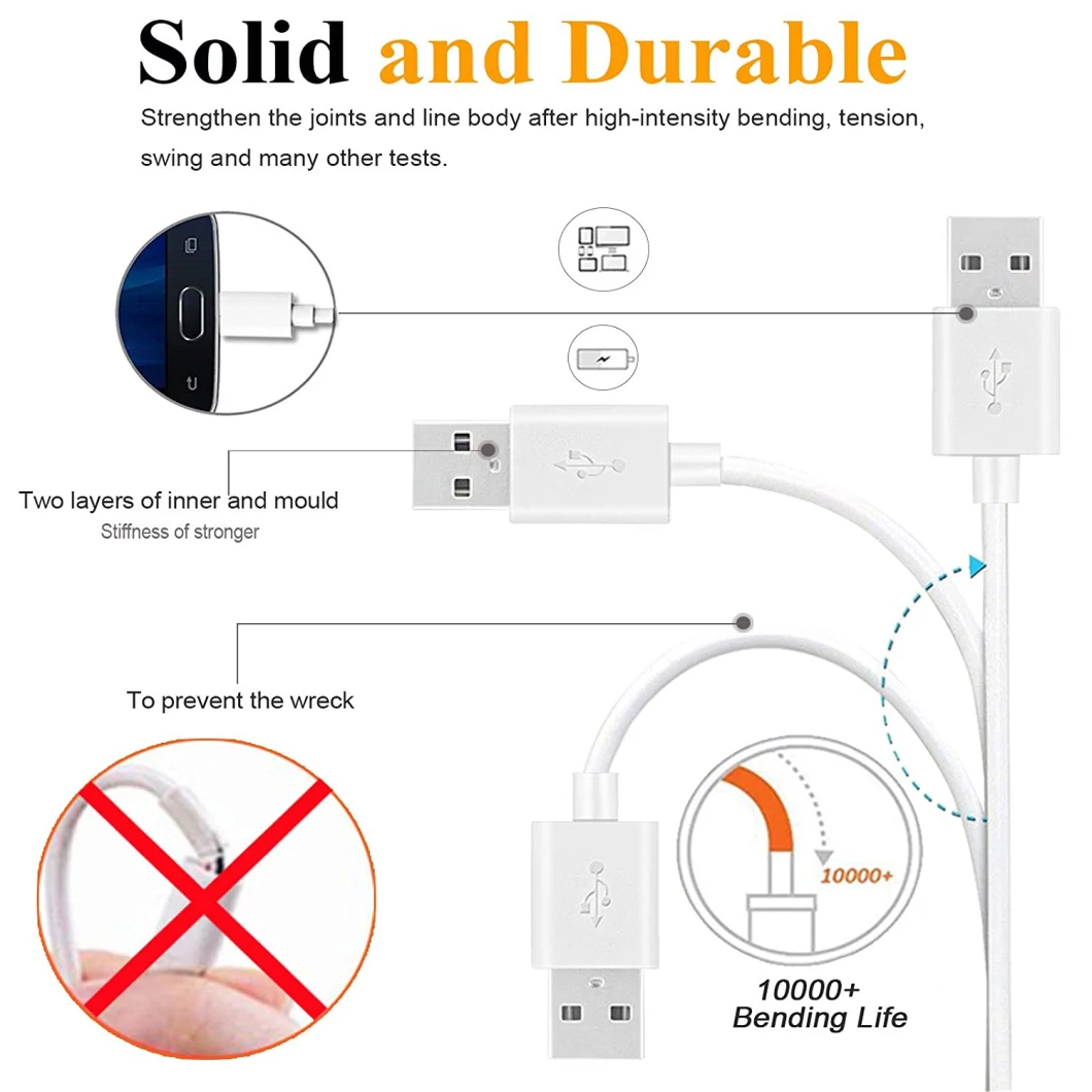 10FT Long Android Charger Cable Fast Charge, USB to Micro USB Cable White, Micro USB 2.0 Cable USB Micro Cable for Samsung Charger Cable